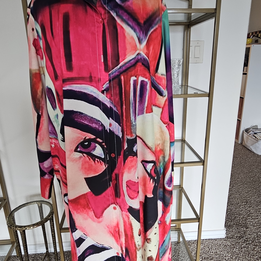 Vibrant Abstract Face Print Long Button-Front Dress
